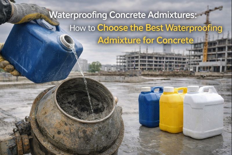 Adding Dr. Fixit LW+ integral waterproofing admixture to concrete mixing water